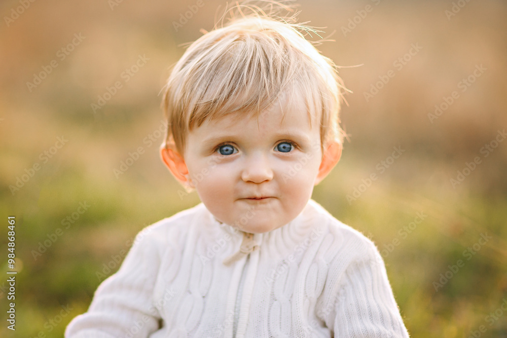 Outdoor portrait of a cute little boy with blue eyes looking at camera. Head shot of one year old child in the park on nature background Outdoor portrait of a cute little boy with blue eyes looking at camera. Head shot of one year old child in the park on nature background