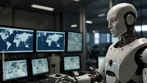 Robots study graphics and monitor advanced cities from high-tech offices.