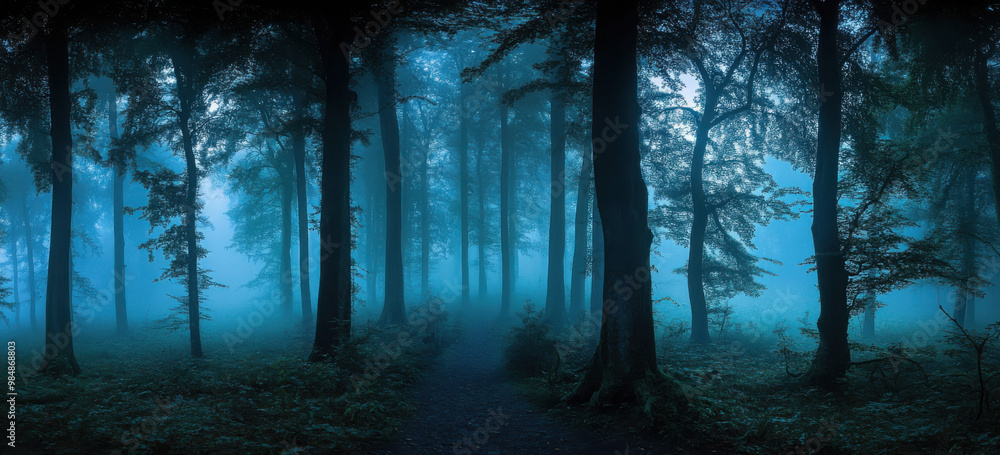 Naklejka premium Panorama of foggy forest. Fairy tale spooky looking woods in a misty day. Cold foggy morning in horror forest