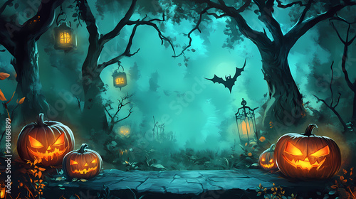 Podium with a spooky halloween background of haunted trees and glowing pumpkins. Banshee. Illustration