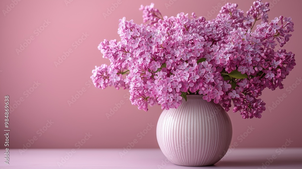 Beautiful lilac bouquet in a pastel pink vase, showcasing soft and elegant blooms against a matching pink backdrop Beautiful lilac bouquet in a pastel pink vase, showcasing soft and elegant blooms against a matching pink backdrop