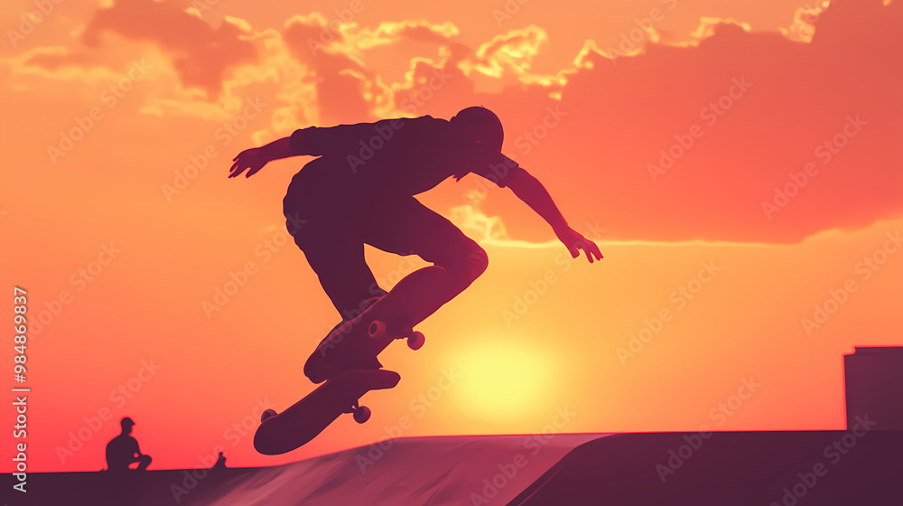 Portrait skateboarder riding a skate at sunset, copy space. generative ai image. Skatepark. Illustration Portrait skateboarder riding a skate at sunset, copy space. generative ai image. Skatepark. Illustration