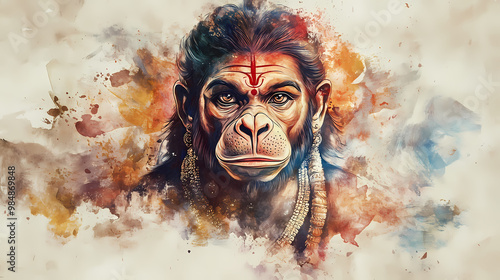 Portrait of hanuman the hindu god. in watercolor painting style. Hindu Deities. Illustration photo