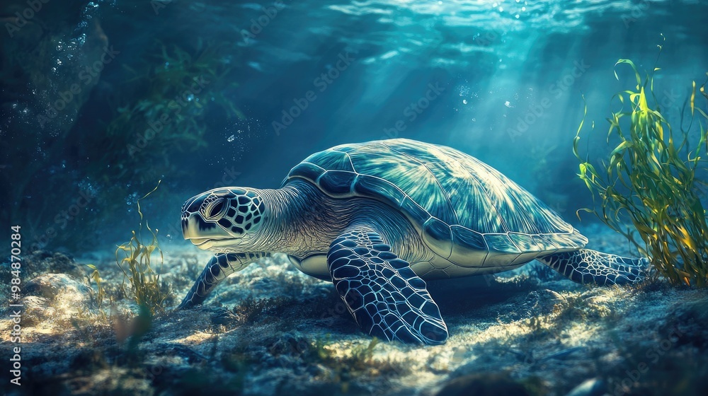 Fototapeta premium A serene underwater scene of a sea turtle resting on the ocean floor among seaweed and small marine creatures, capturing the peacefulness of the underwater world.