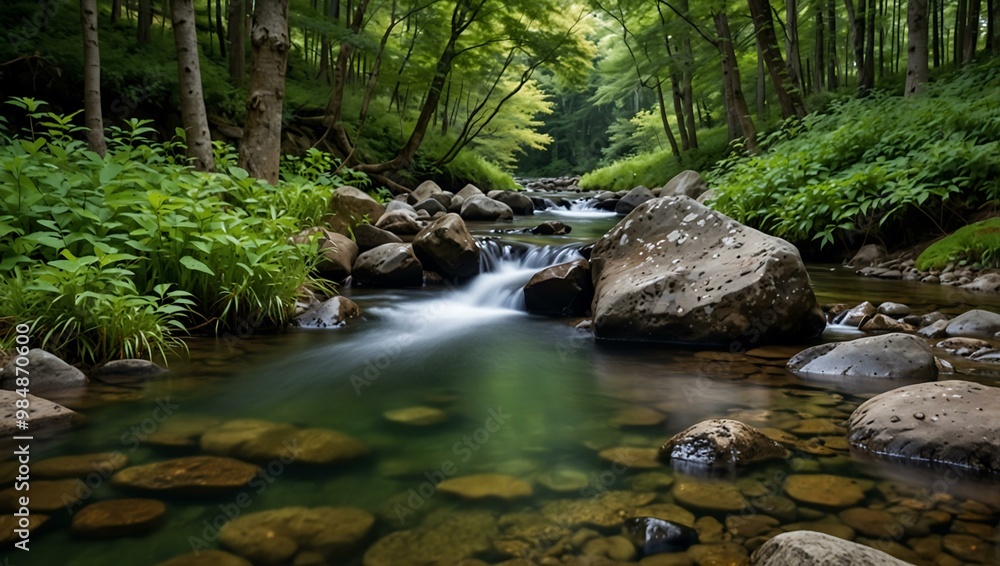 Serene forest stream flowing over rocks surrounded by lush trees. Serene forest stream flowing over rocks surrounded by lush trees.