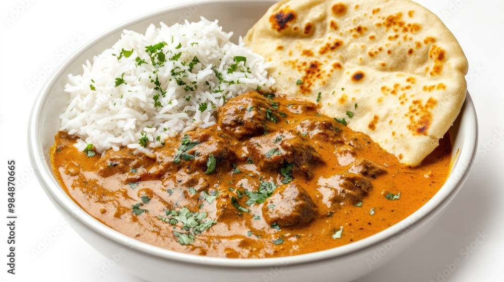A serving of Guruma curry with a creamy sauce and chunks of meat, elegantly plated with a side of rice and naan bread, set against a clean white background for contrast. A serving of Guruma curry with a creamy sauce and chunks of meat, elegantly plated with a side of rice and naan bread, set against a clean white background for contrast.