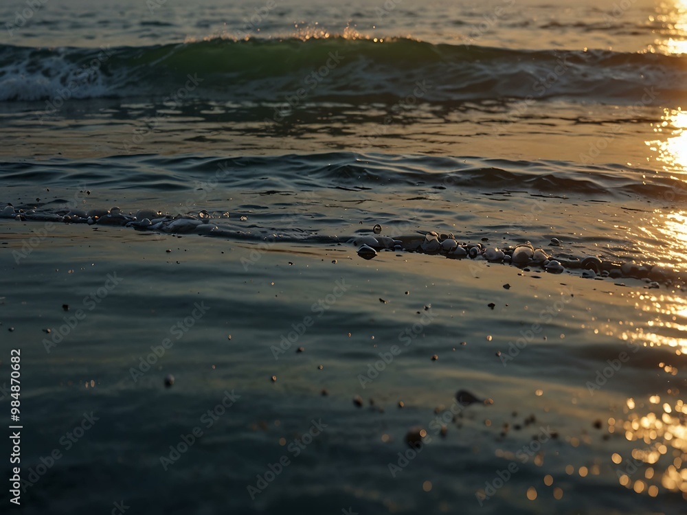 Serene ocean waves at sunrise with gentle light and misty droplets on the water surface. Serene ocean waves at sunrise with gentle light and misty droplets on the water surface.