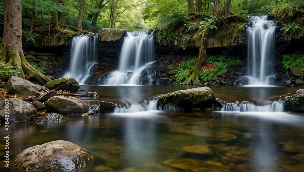 Serene waterfall cascading over rocks in a tranquil woodland. Serene waterfall cascading over rocks in a tranquil woodland.