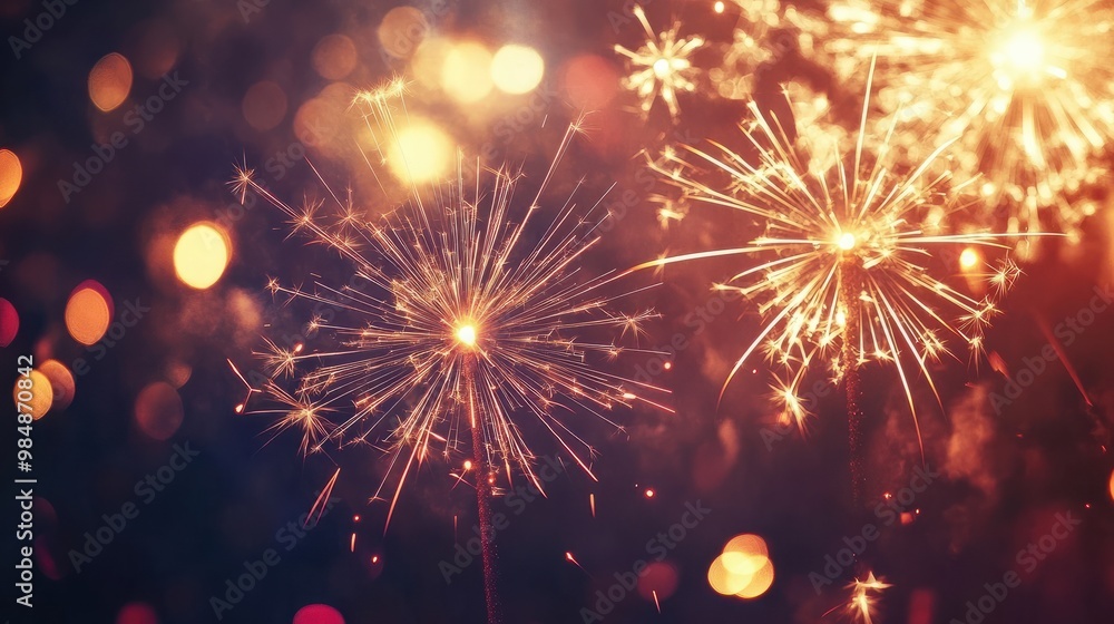 Fototapeta premium Silvester Party Banner: Rustic Night Sky New Year Fireworks Panorama with Sparklers & Pyrotechnics