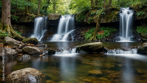 Serene waterfall cascading over rocks in a tranquil woodland.