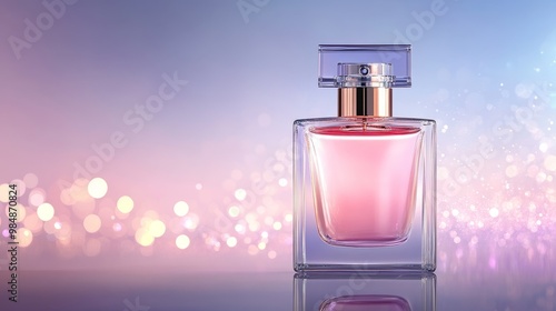 An elegant pink perfume bottle with a gold cap sits on a reflective surface, surrounded by a soft, shimmering background. The bottle represents beauty, luxury, and fragrance, with a focus on femininit photo