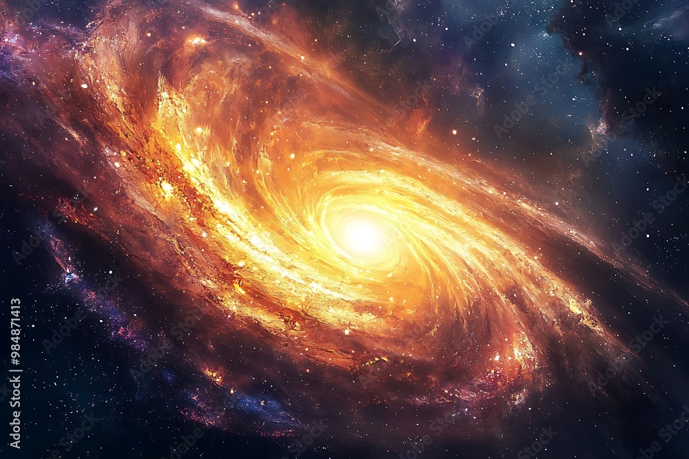 Fototapeta premium Abstract cosmic swirl galaxy with bright yellow core and sparkling stars