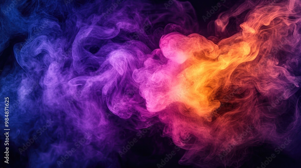 A single, bright cloud of purple and gold smoke emerging from a central point, with the colors merging and expanding outward in a captivating display. A single, bright cloud of purple and gold smoke emerging from a central point, with the colors merging and expanding outward in a captivating display.