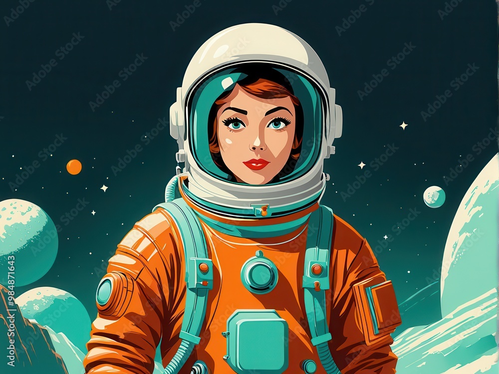 A retro-style illustration of a female astronaut in a space setting, showcasing adventure and exploration. A retro-style illustration of a female astronaut in a space setting, showcasing adventure and exploration.