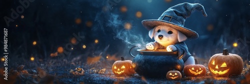 A cute white puppy wearing a wizard hat brews a magical potion in a cauldron surrounded by glowing pumpkins in a dark forest. This enchanting scene captures the spirit of Halloween with its adorable s photo