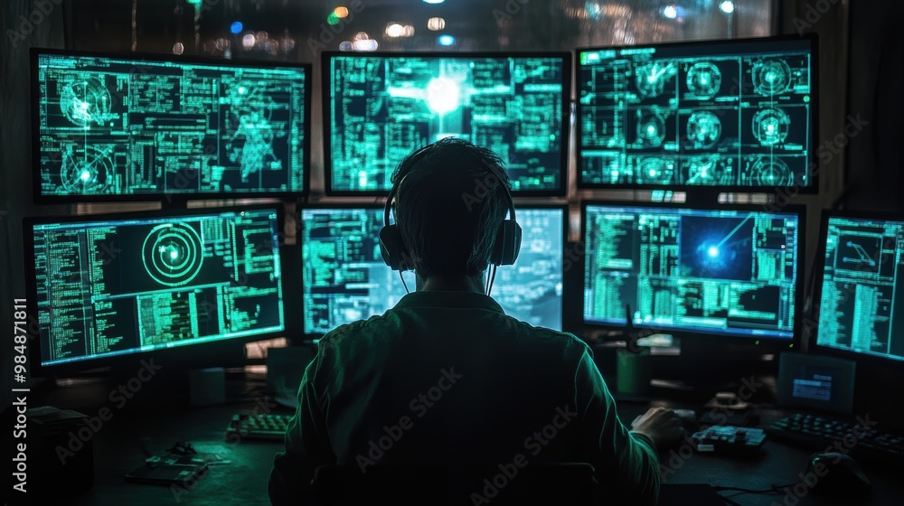 Cybersecurity Analyst Monitoring Multiple Screens at Night Cybersecurity Analyst Monitoring Multiple Screens at Night
