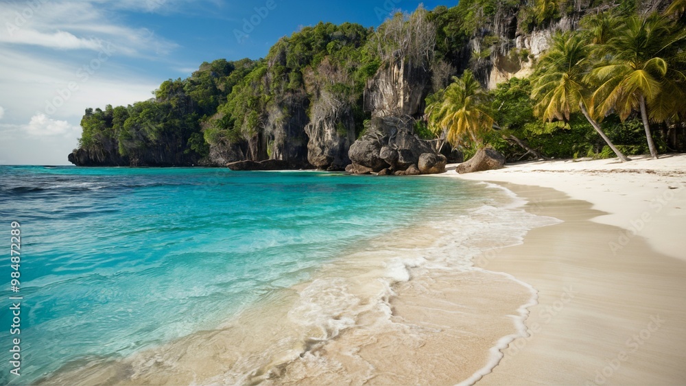 Obraz premium Pristine tropical cove with clear water and towering cliffs
