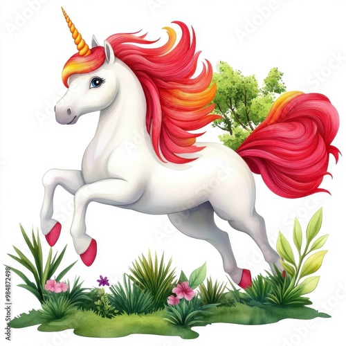 A colorful unicorn prances through lush greenery, showcasing vibrant mane and tail against a whimsical landscape of flowers and plants. photo