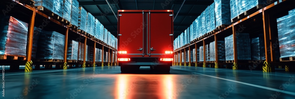 Refrigerated Truck Loading in a Warehouse - A red refrigerated truck is ...