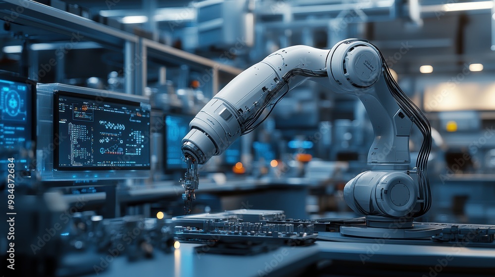Engineer Works with AI-Powered Robotic Arm Engineer Works with AI-Powered Robotic Arm