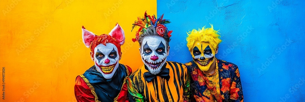 Trio of colorful and creepy clown figures with painted faces posing against vibrant yellow and blue background, creating a striking contrast of horror and whimsy. Trio of colorful and creepy clown figures with painted faces posing against vibrant yellow and blue background, creating a striking contrast of horror and whimsy.