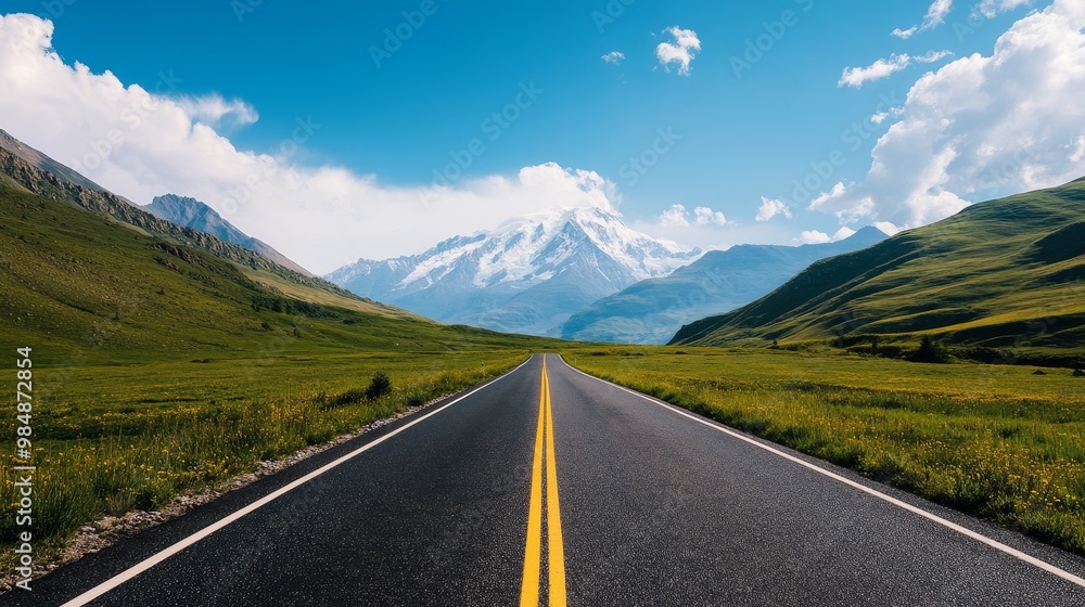 Naklejka premium A scenic road winding through green meadows towards a majestic snow-capped mountain, symbolizing ambition, progress, adventure, and the journey to achieve goals.