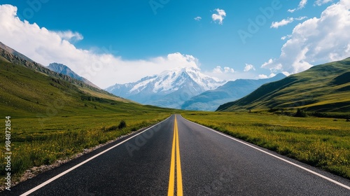 A scenic road winding through green meadows towards a majestic snow-capped mountain, symbolizing ambition, progress, adventure, and the journey to achieve goals.