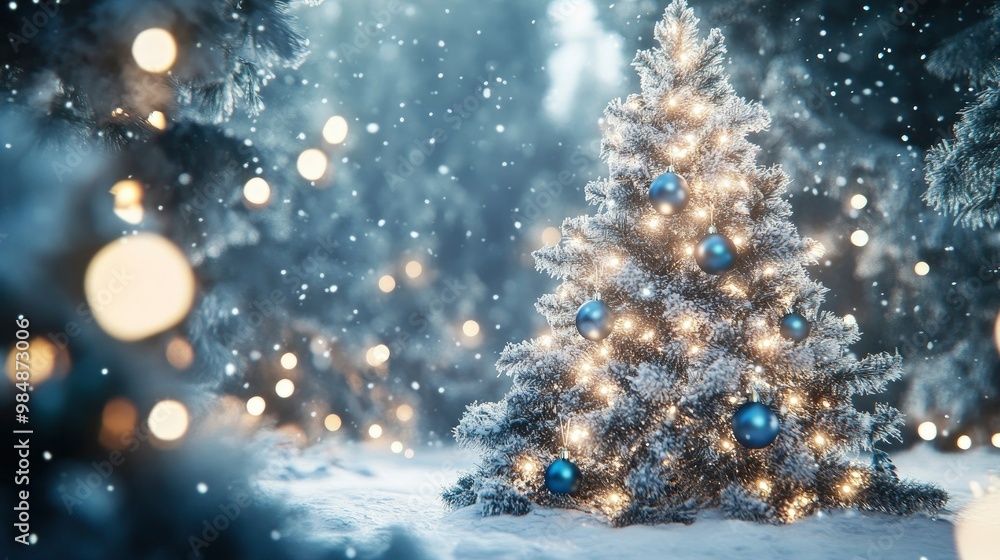 A snowy Christmas tree decorated with silver tinsel, blue baubles, and glowing fairy lights, creating a magical scene. A snowy Christmas tree decorated with silver tinsel, blue baubles, and glowing fairy lights, creating a magical scene.