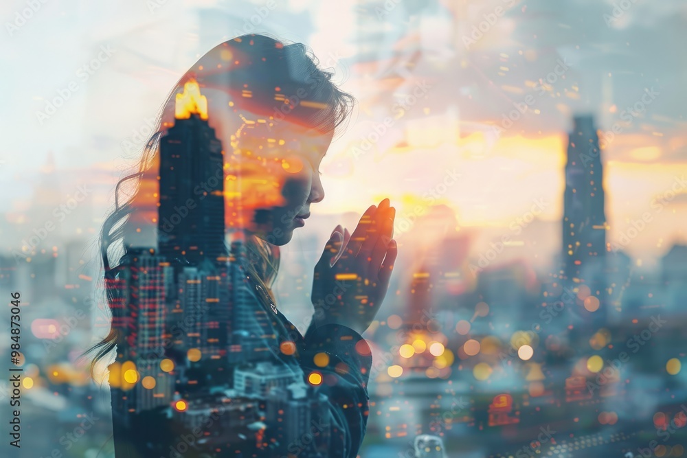 Fototapeta premium Praying girl with city background faith and spirituality concept.