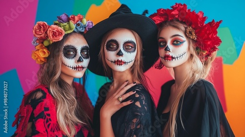 Vibrant portrait of three women with Day of the Dead makeup, adorned with colorful floral headpieces against a bright, multicolored background.