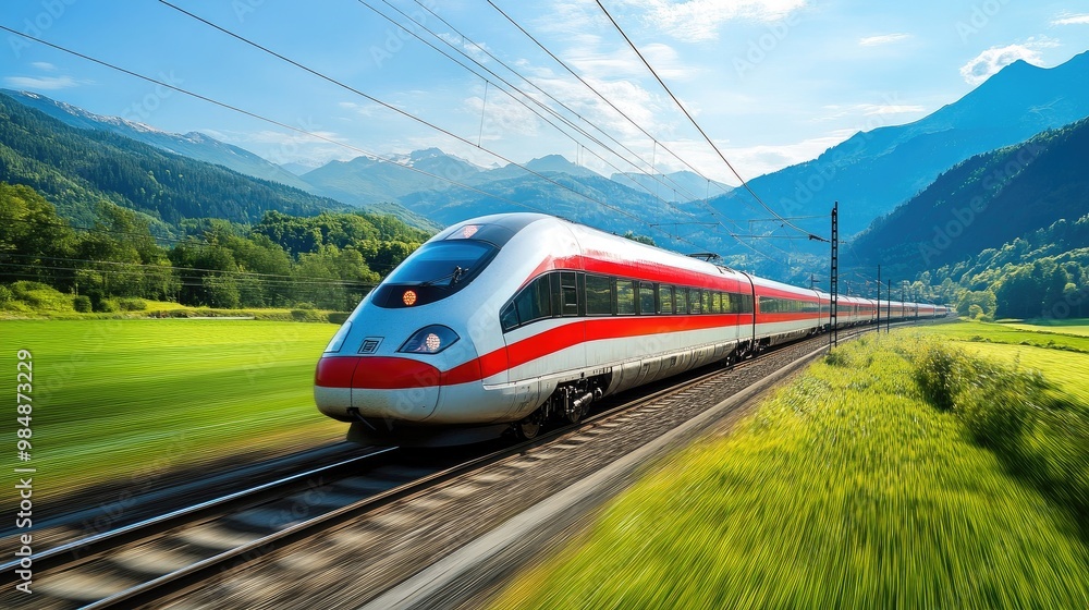 Fototapeta premium A sleek high-speed train racing through the countryside at full speed, with green fields and mountains in the background, capturing the essence of modern, fast travel