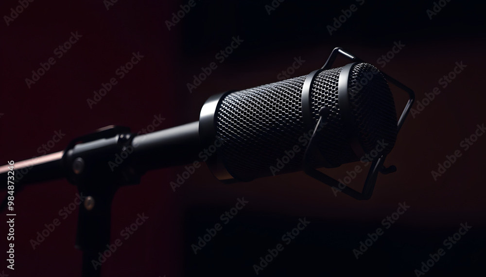 Obraz premium A sleek black microphone on a stand, ready to capture the magic of music and voice, whether for recording a studio album, a live concert performance, or a simple karaoke session