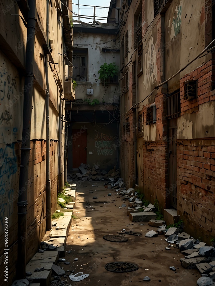 Slum alleyway with crumbling walls and makeshift structures. The 3D painting reflects history and struggle. Slum alleyway with crumbling walls and makeshift structures. The 3D painting reflects history and struggle.