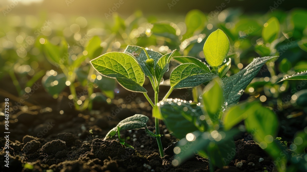 In the morning, on farmland in springtime, green sprouts grow on black soil and dewdrops fall on them In the morning, on farmland in springtime, green sprouts grow on black soil and dewdrops fall on them