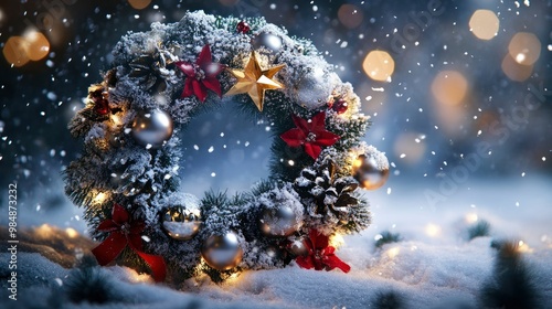 A snowy Christmas wreath adorned with silver baubles, golden stars, and bright red ribbons, glowing under holiday lights.