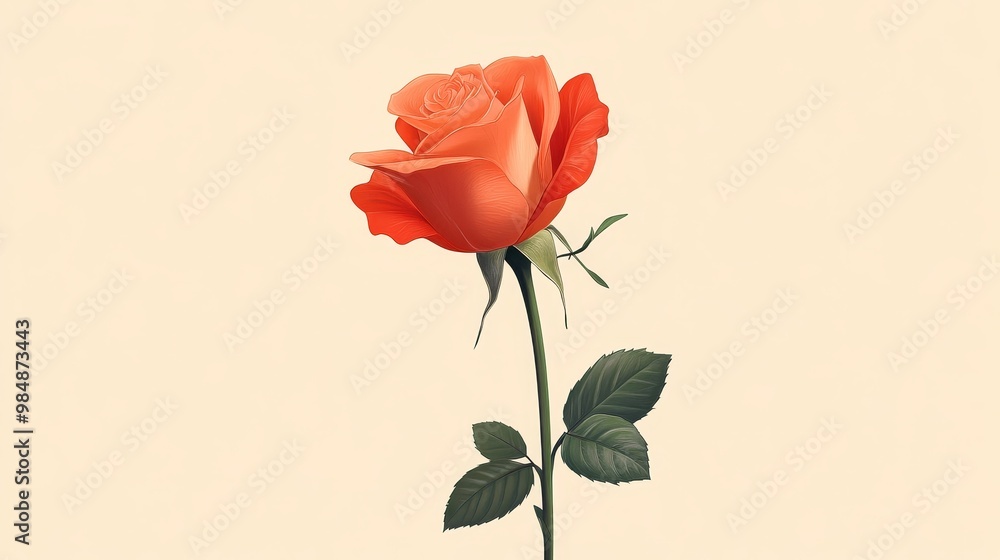 A charming cartoon illustration of a single, vibrant orange rose, symbolizing love, beauty, and nature's elegance. A charming cartoon illustration of a single, vibrant orange rose, symbolizing love, beauty, and nature's elegance.