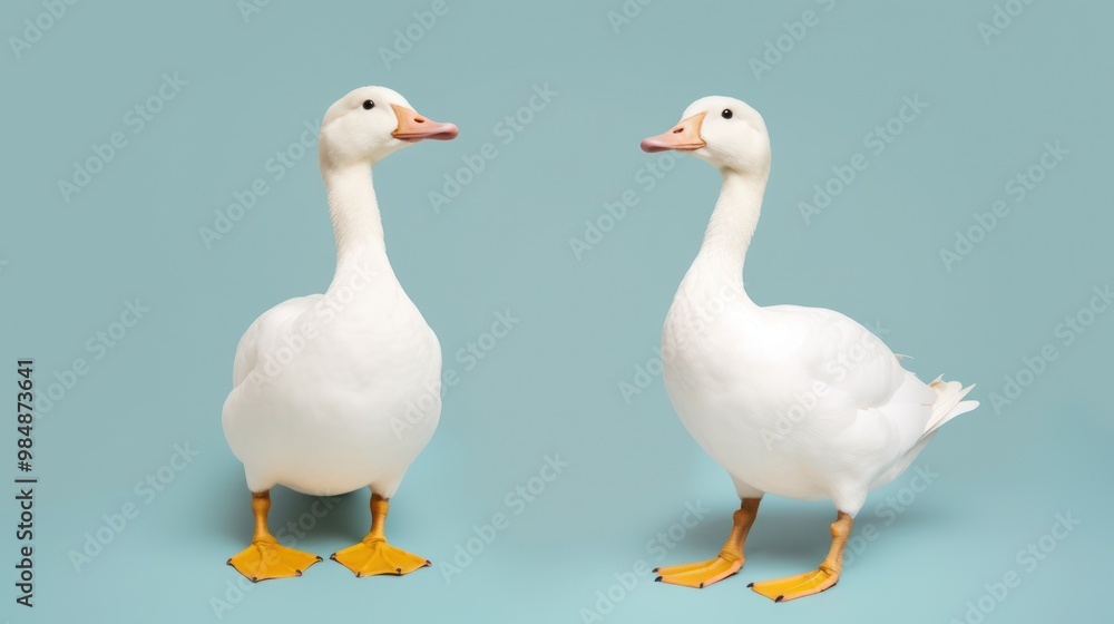 Two White Geese Facing Each Other on a Blue Background Two White Geese Facing Each Other on a Blue Background