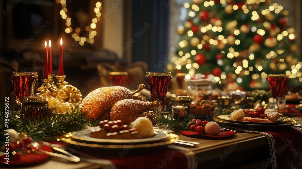 Fototapeta premium A photo of Christmas table with food
