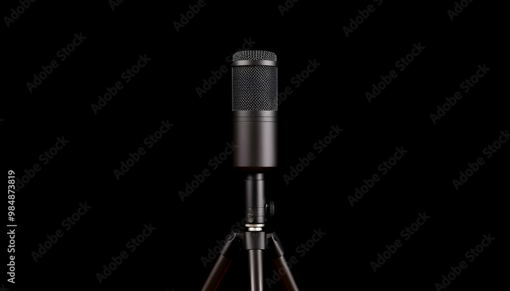 A sleek black microphone on a stand, ready to capture the magic of music and voice, whether for recording a studio album, a live concert performance, or a simple karaoke session A sleek black microphone on a stand, ready to capture the magic of music and voice, whether for recording a studio album, a live concert performance, or a simple karaoke session