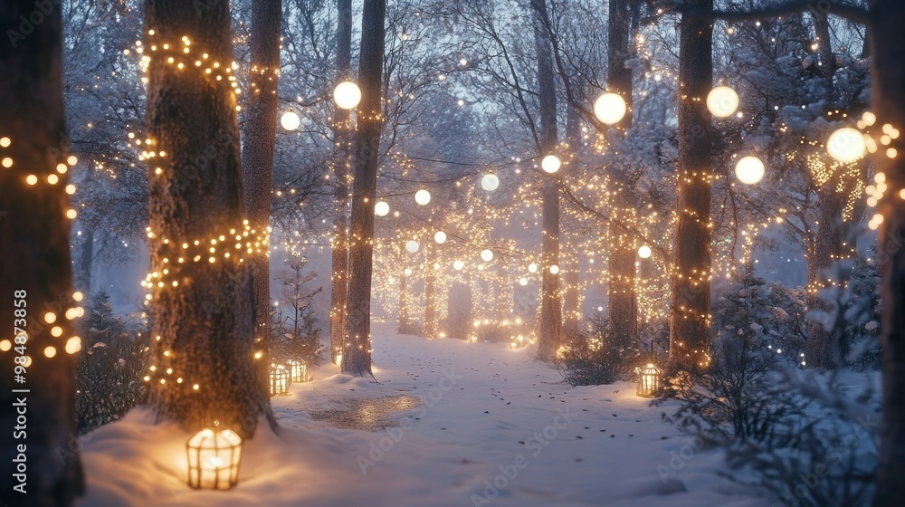 A snowy forest illuminated by strings of white holiday lights, with glowing lanterns scattered among the trees. A snowy forest illuminated by strings of white holiday lights, with glowing lanterns scattered among the trees.