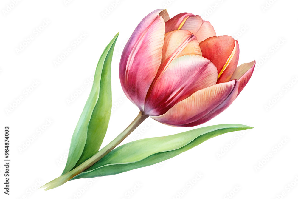 Close-up watercolor painting of pink and white tulip Close-up watercolor painting of pink and white tulip