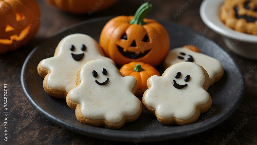 Smiling ghost and pumpkin-shaped cookies in a Halloween pattern. Smiling ghost and pumpkin-shaped cookies in a Halloween pattern.