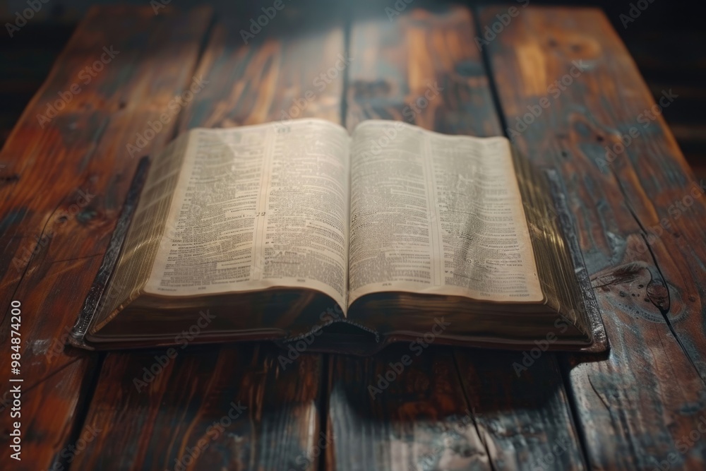 Obraz premium Open Bible on a wood table with light coming from above. Church concept. 