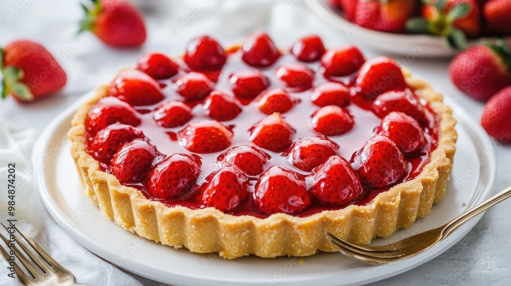 A strawberry tart with a golden crust and glossy strawberry topping, presented on a white plate with a fork and fresh strawberries around it. A strawberry tart with a golden crust and glossy strawberry topping, presented on a white plate with a fork and fresh strawberries around it.