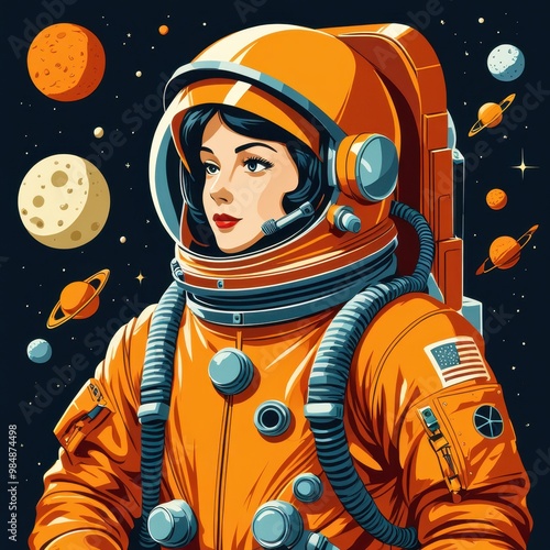 A retro-style illustration of a female astronaut in an orange suit, surrounded by planets and stars.