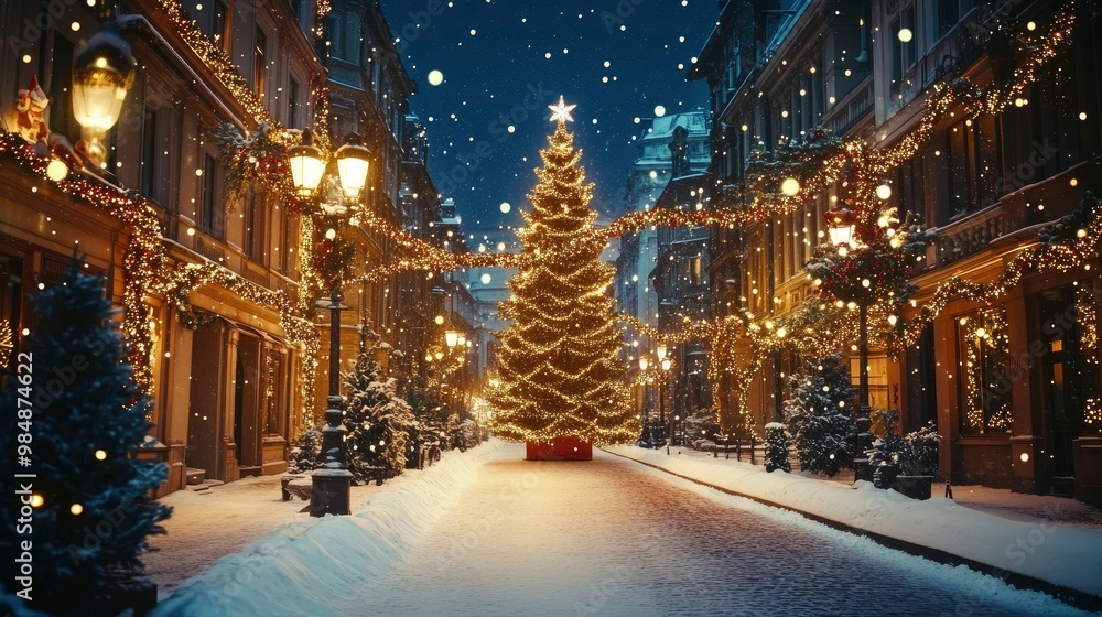 A snowy street lined with glowing holiday lights, with a grand Christmas tree standing tall in the center of the square. A snowy street lined with glowing holiday lights, with a grand Christmas tree standing tall in the center of the square.