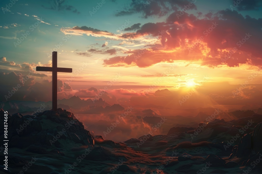 Easter concept Cross silhouette on Calvary mountain at sunset. Easter concept Cross silhouette on Calvary mountain at sunset.