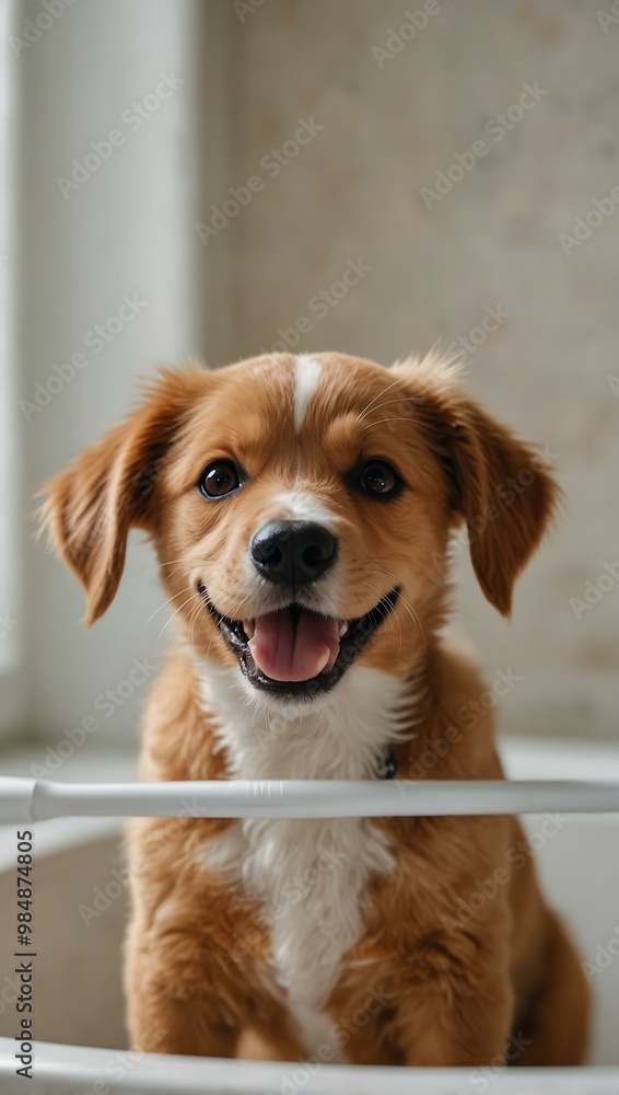 Smiling puppy with a toothbrush in a light bathroom. Smiling puppy with a toothbrush in a light bathroom.