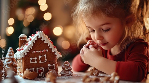 Child adding finishing touches to gingerbread house with christmas trees and gingerbread man in the background