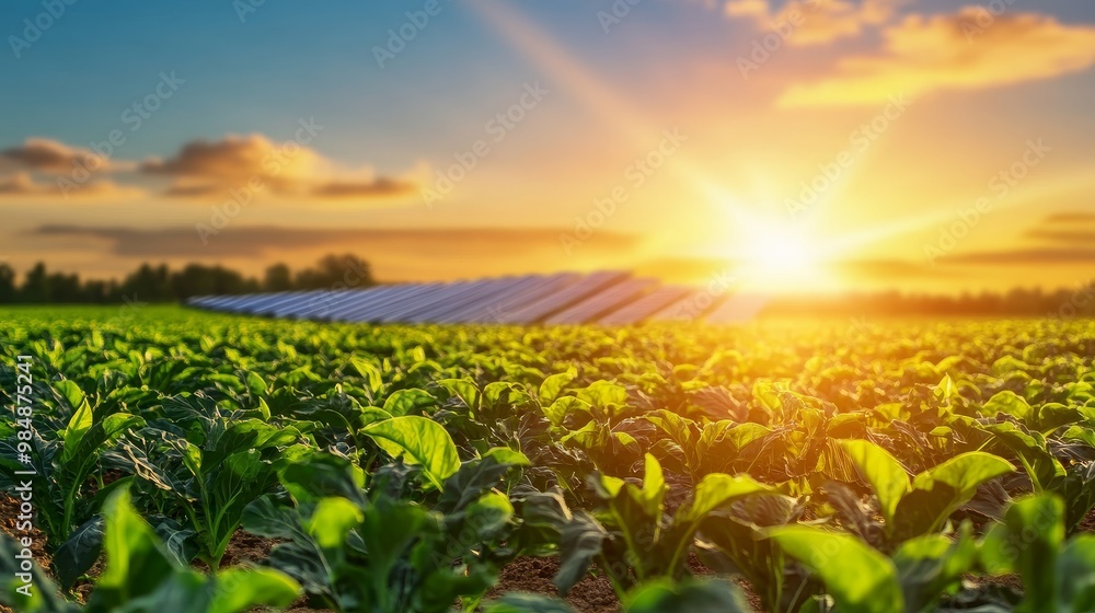 Solar panels installed on a farm showcase the potential of renewable energy for agriculture, promoting sustainability and environmental responsibility. The setting sun illuminates the field, symbolizi Solar panels installed on a farm showcase the potential of renewable energy for agriculture, promoting sustainability and environmental responsibility. The setting sun illuminates the field, symbolizi